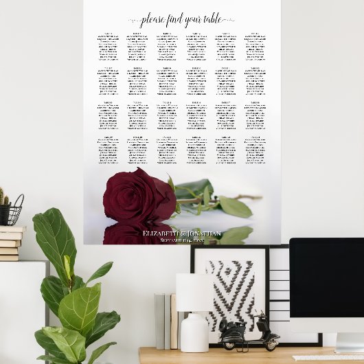 Burgundy Red Rose 24 Table Wedding Seating Chart Poster (Thuiskantoor)