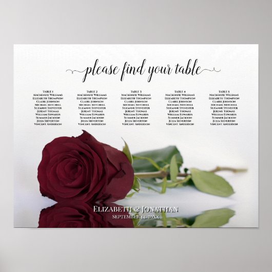 Burgundy Red Rose 5 Table Wedding Seding Chart Poster (Voorkant)