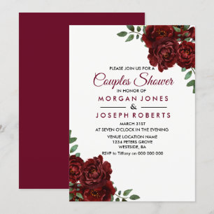 Burgundy Red Rose Floral Couples Shower Invite Kaart