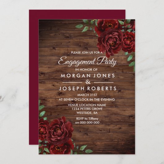 Burgundy Red Rose Rustic Invitation du parti d'eng (Devant / Derrière)