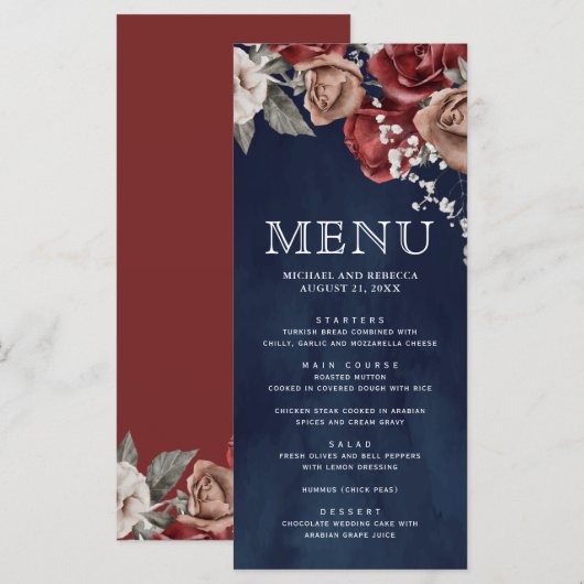 Burgundy Red Roses Floral Navy Blue Wedding Menu (Voorkant / Achterkant)