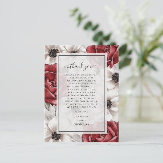 Burgundy Red Roses Floral Weddenschap Bedankt Briefkaart (Staand voorkant)