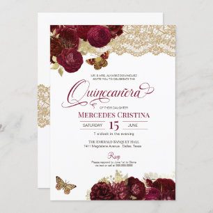 Burgundy Red Roses Gold Lace Butterfly Quinceañera Kaart