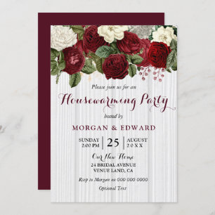 Burgundy Red Roses Housewarming Party Invite Kaart