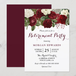 Burgundy Red White Floral Retirement Party Invite Kaart