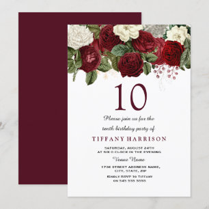Burgundy Red White Rose 10th Birthday Party Invite Kaart
