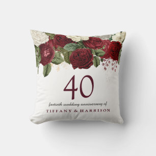 Burgundy Red White Rose 40th Wedding Jubileum Kussen