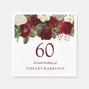 Burgundy Red White Rose 60th Birthday Party Servet