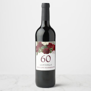 Burgundy Red White Rose 60th Birthday Party Wijn Etiket