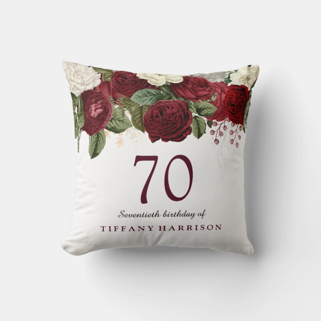 Burgundy Red White Rose 70th Birthday Gift Kussen (Voorkant)