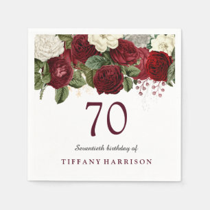 Burgundy Red White Rose 70th Birthday Party Servet
