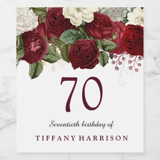 Burgundy Red White Rose 70th Birthday Party Wijn Etiket (Enkel label)
