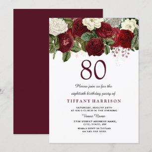 Burgundy Red White Rose 80th Birthday Party Invite Kaart