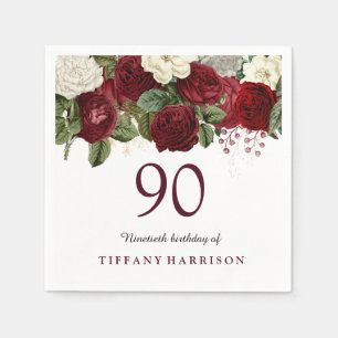 Burgundy Red White Rose 90th Birthday Party Servet