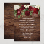 Burgundy Red White Rose Rustic Wedding Invite Kaart (Voorkant / Achterkant)