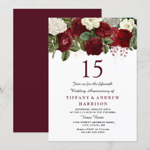 Burgundy Red White Roses 15th Wedding Jubileum Kaart