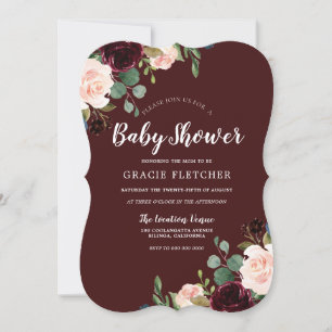 Burgundy Red Wine Blush Flowers Baby shower Kaart