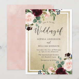 Burgundy Red Wine Blush Flowers & Gold Wedding Kaart