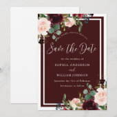 Burgundy Red Wine & Blush Flowers Weddenschap Save The Date (Voorkant / Achterkant)