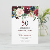 Burgundy Red Wine Floral 50th Birthday Invite Kaart (Staand voorkant)