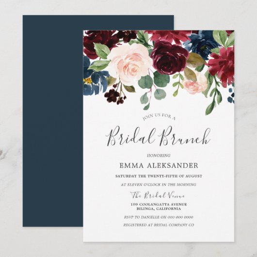 Burgundy Red Wine Floral Bridal Brunch Invitation (Devant / Derrière)