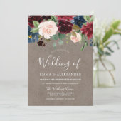 Burgundy Red Wine Flowers Modern Wedding Invite Kaart (Staand voorkant)