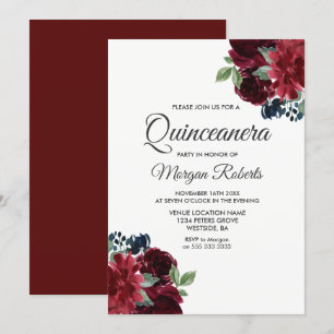 Burgundy Red Wine Flowers Quinceanera Party Invite Kaart