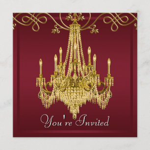 Burgundy Red Wine Gold Chandelier Party Kaart