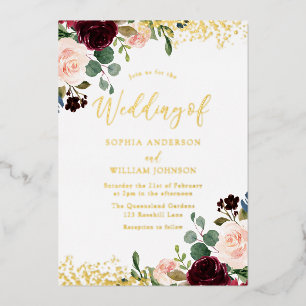 Burgundy Red Wine Wedding Golden Sparkle Folie Uitnodiging