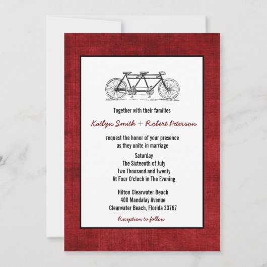 Burgundy Retro Tandem Bicycle Wedding Kaart (Voorkant)