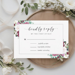 Burgundy Rode Bloemen Bruiloft RSVP Kaartje