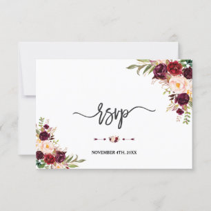 Burgundy Rode Marsala Bloemrijke Hand Lettering RS RSVP Kaartje