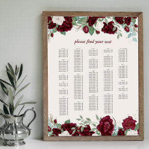 Burgundy Rode Rozen Alfabetische Zitplaatskaart Poster