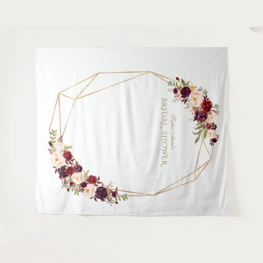 Burgundy Rood Bloem Goud Bruiloft Foto Booth Wandkleed (Voorkant (horizontaal))