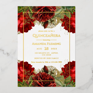 Burgundy Rood en Goud Vintage Rozen Quinceañera Fe Folie Uitnodiging