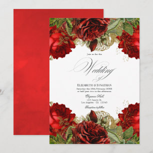 Burgundy Rood en Goud Vintage Shabby Rozen Bruilof Kaart