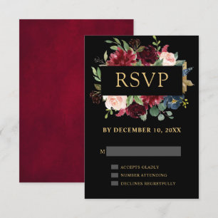 Burgundy Rood Navy Bloem Boho Bruiloft RSVP Kaartje