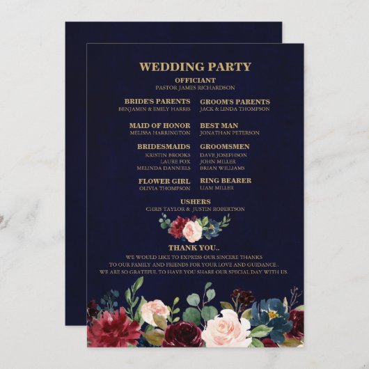 Burgundy Rood Navy Bloem Rustic Boho Waier Achterk Programma (Voorkant / Achterkant)