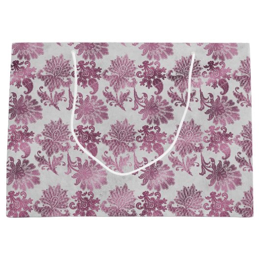 Burgundy Rood Zilver Bloemmotief Groot Cadeauzakje (Voorkant)