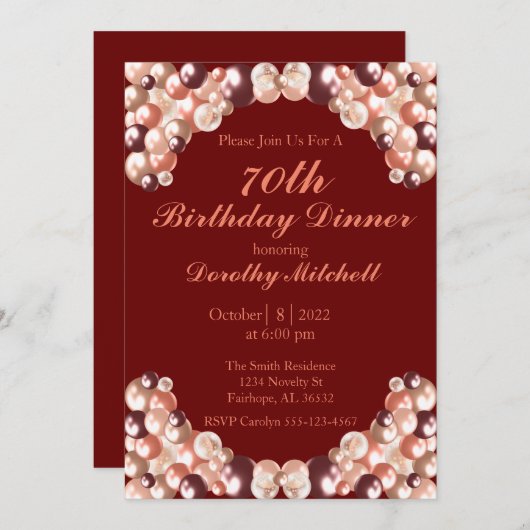 Burgundy Roos Gold Balloon 70e verjaardag Kaart (Voorkant / Achterkant)