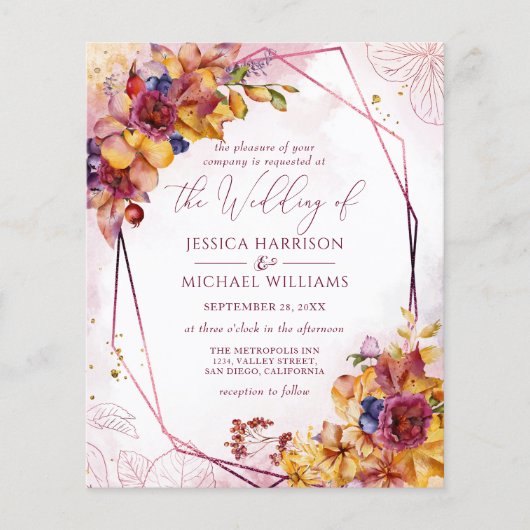 Burgundy Roos Gold Fall Wedding Invitation Flyer (Voorkant)