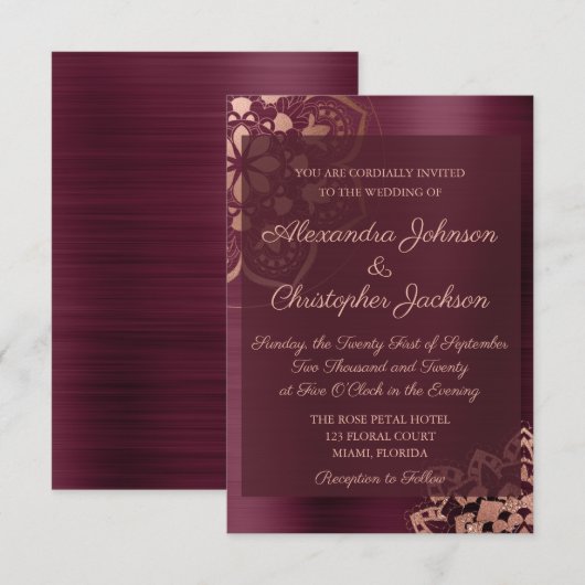 Burgundy & Roos Gold Mandala Wedding Uitnodiging (Voorkant / Achterkant)