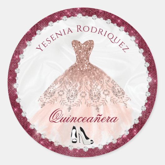 Burgundy Roos Gold Sparkle Glam Quinceañera Ronde Sticker (Voorkant)