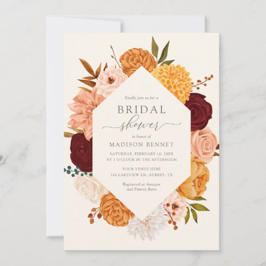 Burgundy Roos Herfst Floral Bridal Shower Kaart (Voorkant)