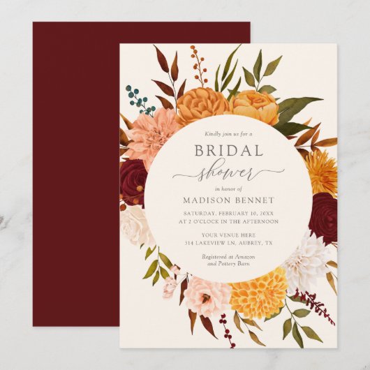 Burgundy Roos Herfst Floral Bridal Shower Kaart (Voorkant / Achterkant)