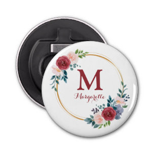Burgundy Roos met aangepaste monogram en naam Button Flesopener
