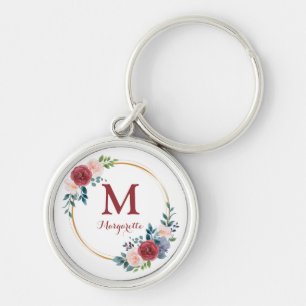 Burgundy Roos met aangepaste monogram en naam Sleutelhanger