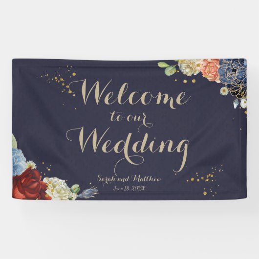 Burgundy Roos Navy Floral Wedding Backdrop Banner (Horizontaal)