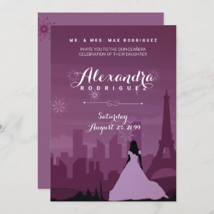 Burgundy Roos Pink Paris Fireworks Quinceañera Kaart