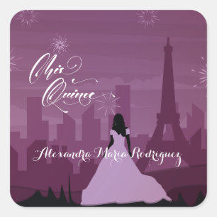 Burgundy Roos Pink Paris Fireworks Quinceañera Vierkante Sticker